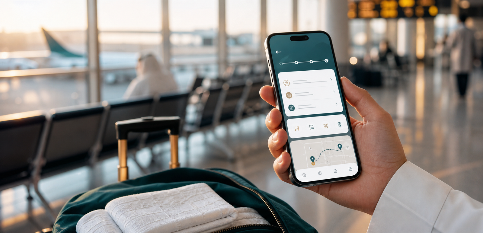 Pilgrim using a smartphone travel assistant while preparing for Hajj or Umrah